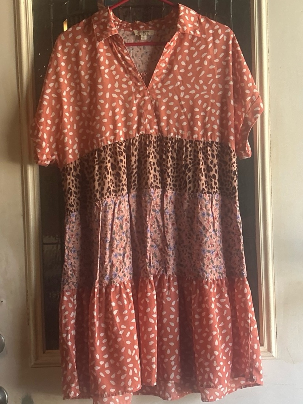 Umgee Coral Patchwork Short-Sleeve Tiered Tunic